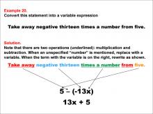 Math Example: Language of Math--Variable Expressions--Multiplication and Subtraction--Example 20