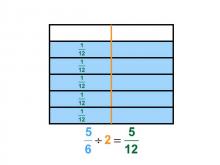 Math Clip Art--Dividing Fractions by Whole Numbers--Example 85--Five Sixths Divided by 2